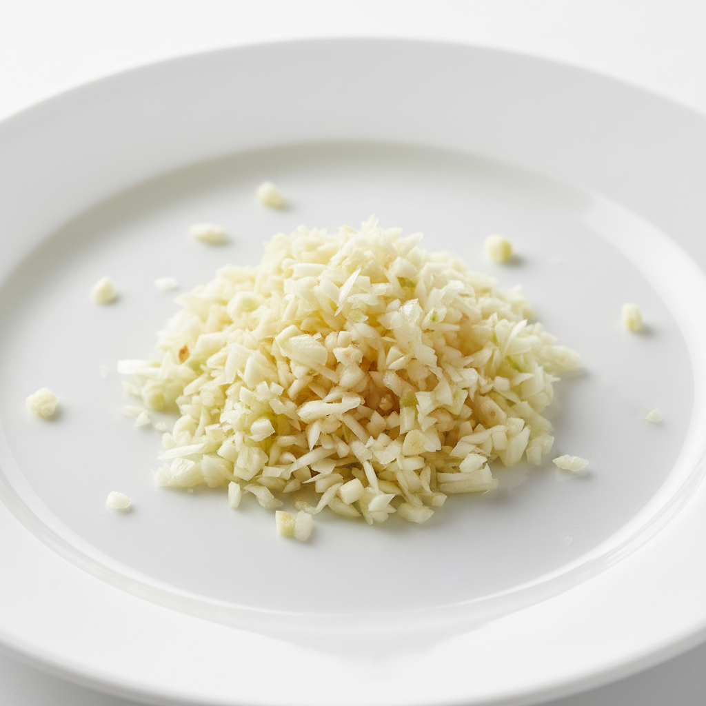 Fresh garlic cloves minced on white background