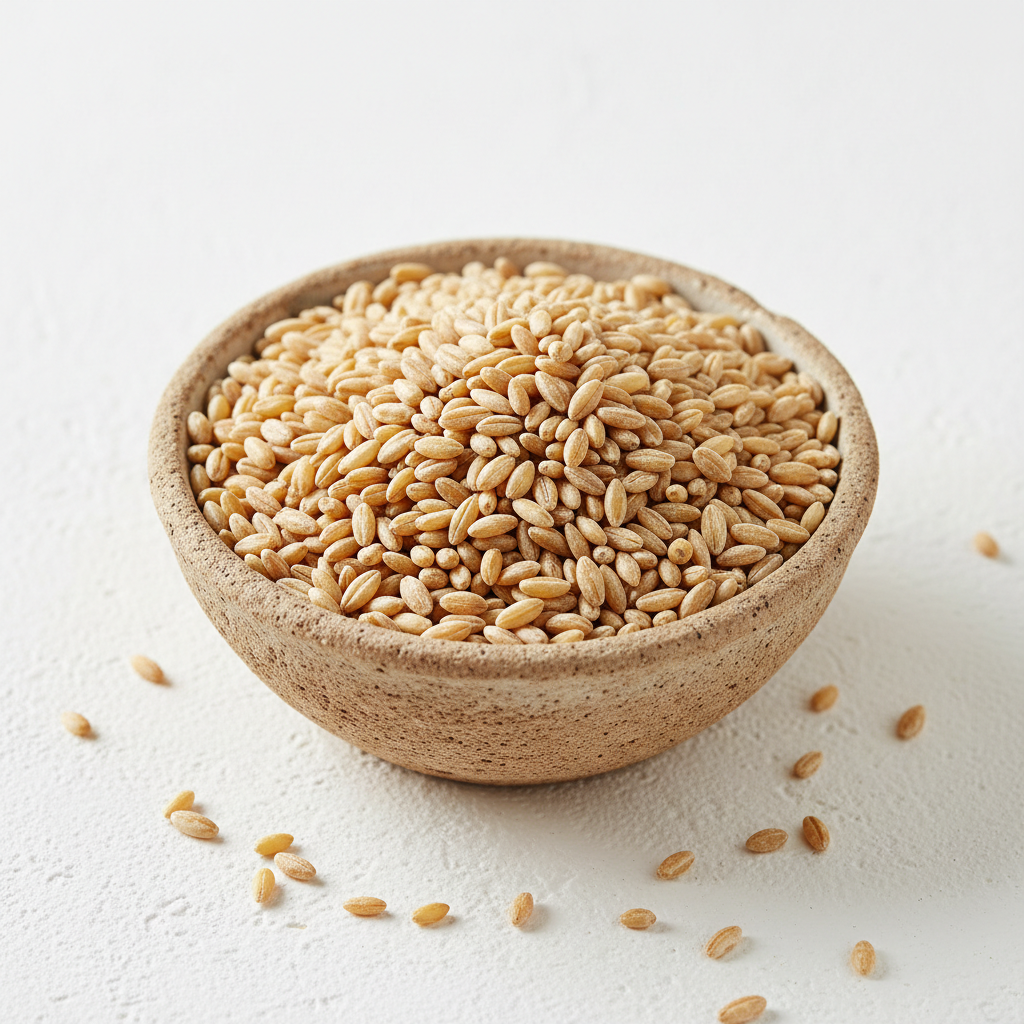 Farro uncooked grain in bowl on white background