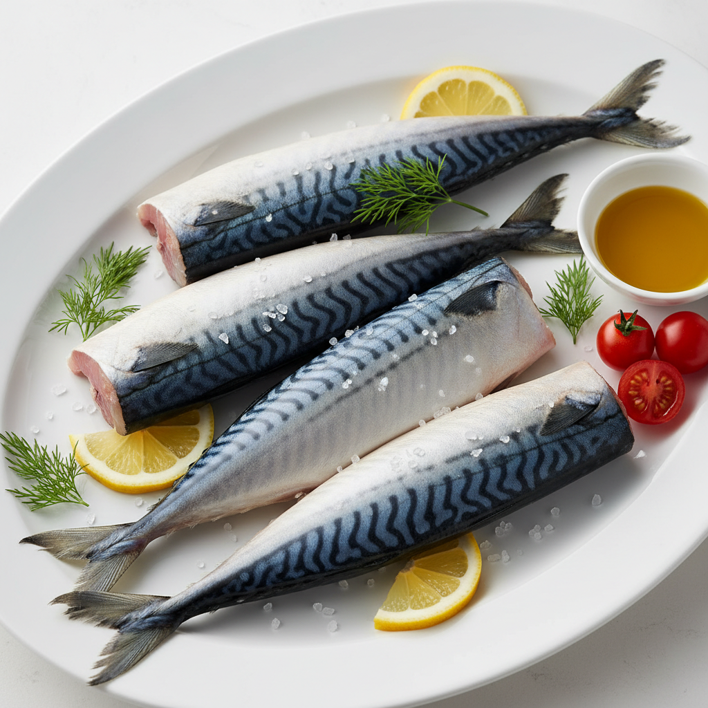 Fresh mackerel fish fillets on white background