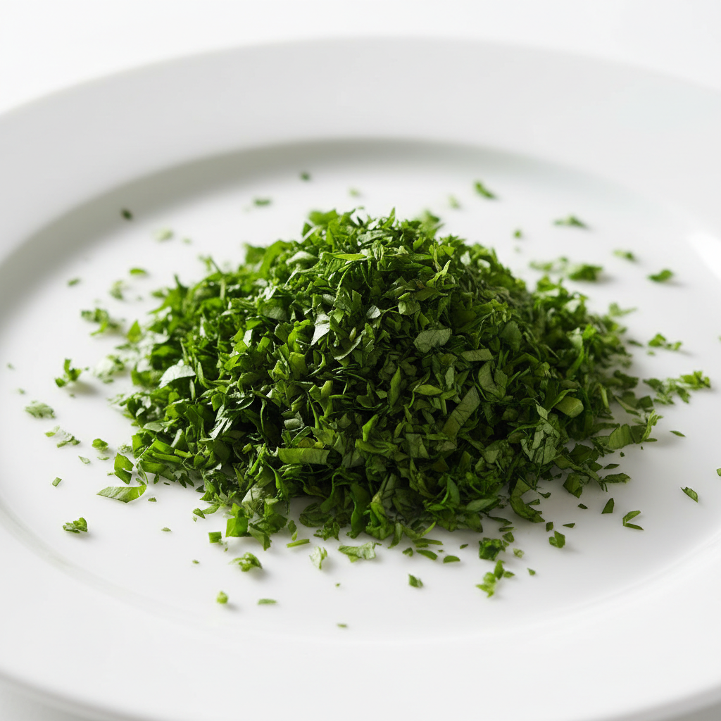 Fresh Italian parsley finely minced on white background