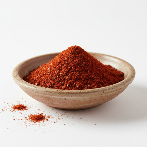 Aleppo pepper flakes in bowl on white background