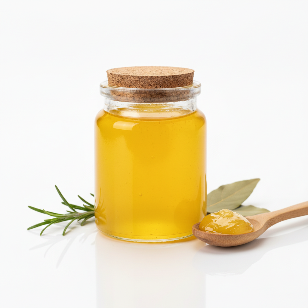 Ghee clarified butter in glass jar on white background