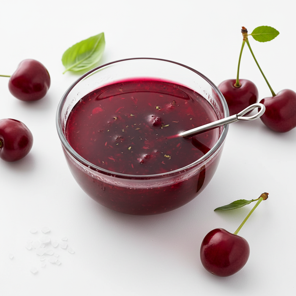 Cherry vinegar dressing in glass bowl on white background