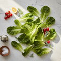 Fresh butter leaf lettuce leaves on white marble surface