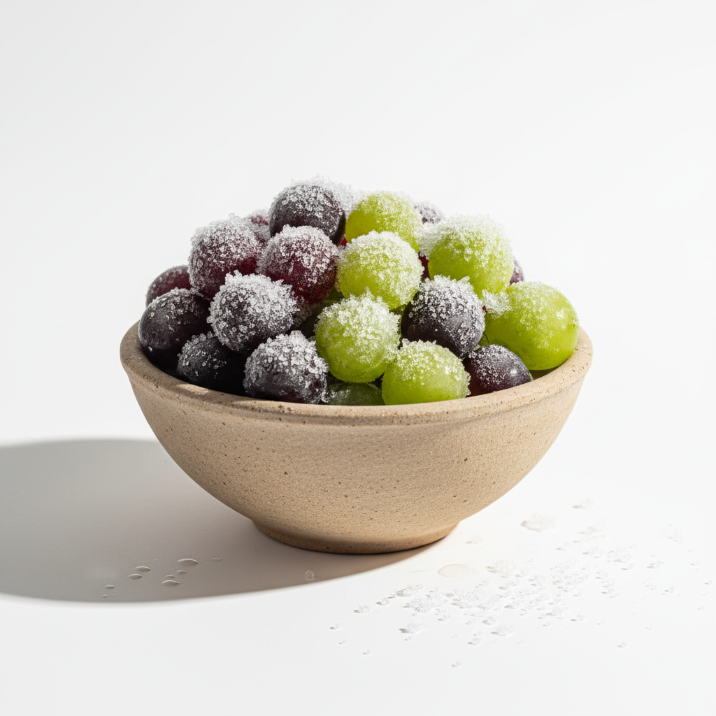 Frozen grapes in bowl on white background