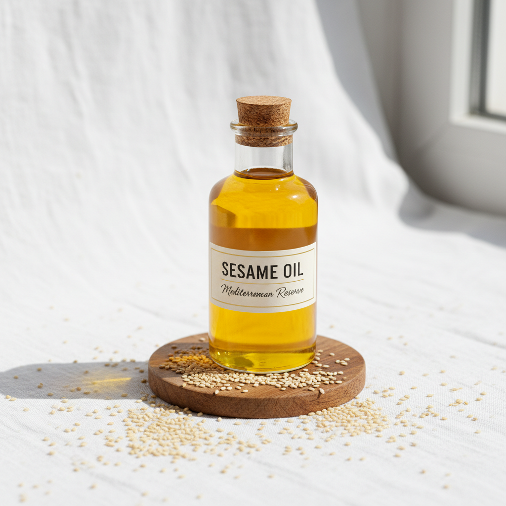Sesame oil bottle with sesame seeds on white background