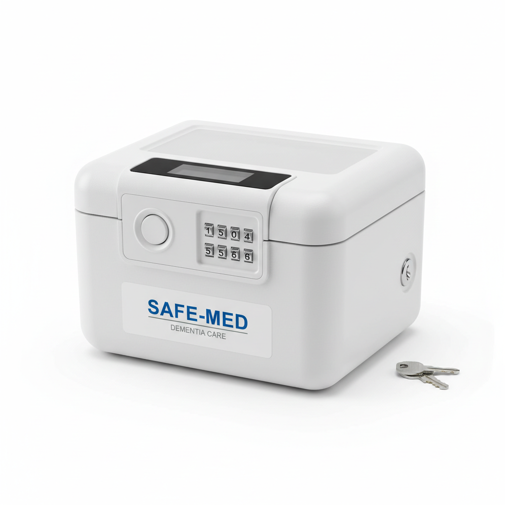 Medication lock box with key or combination lock for dementia care