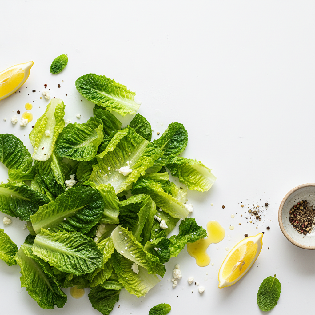Fresh romaine lettuce chopped on white background