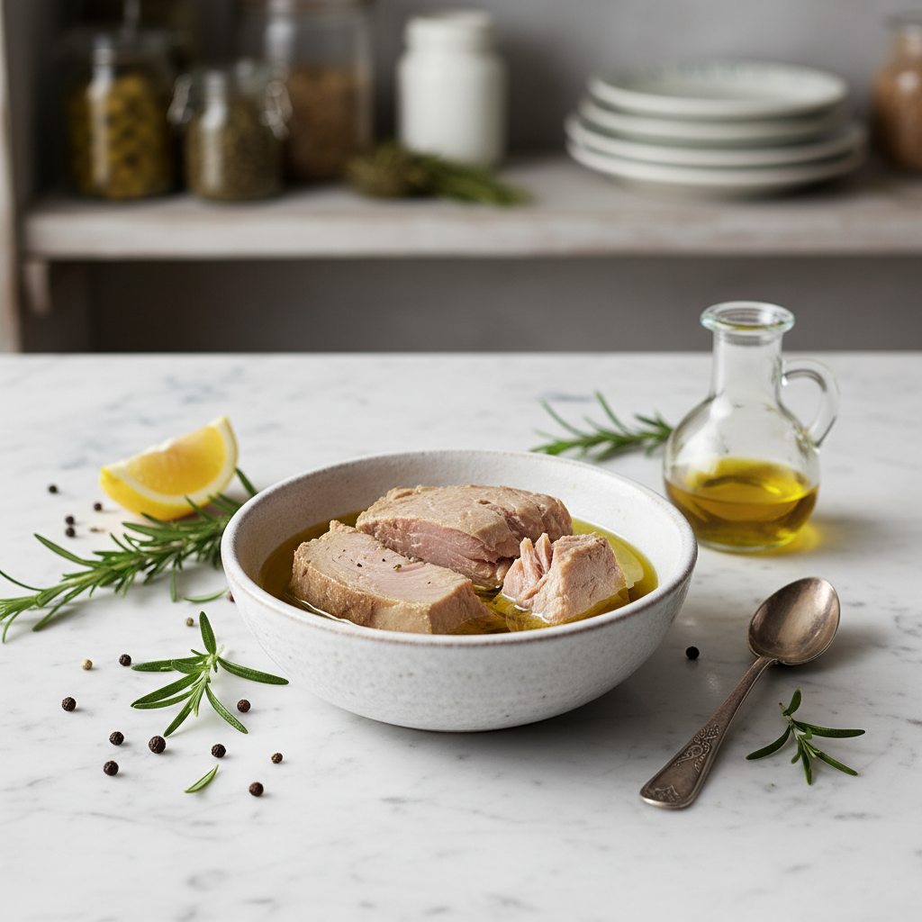 Albacore white tuna in water in a white ceramic bowl on marble surface