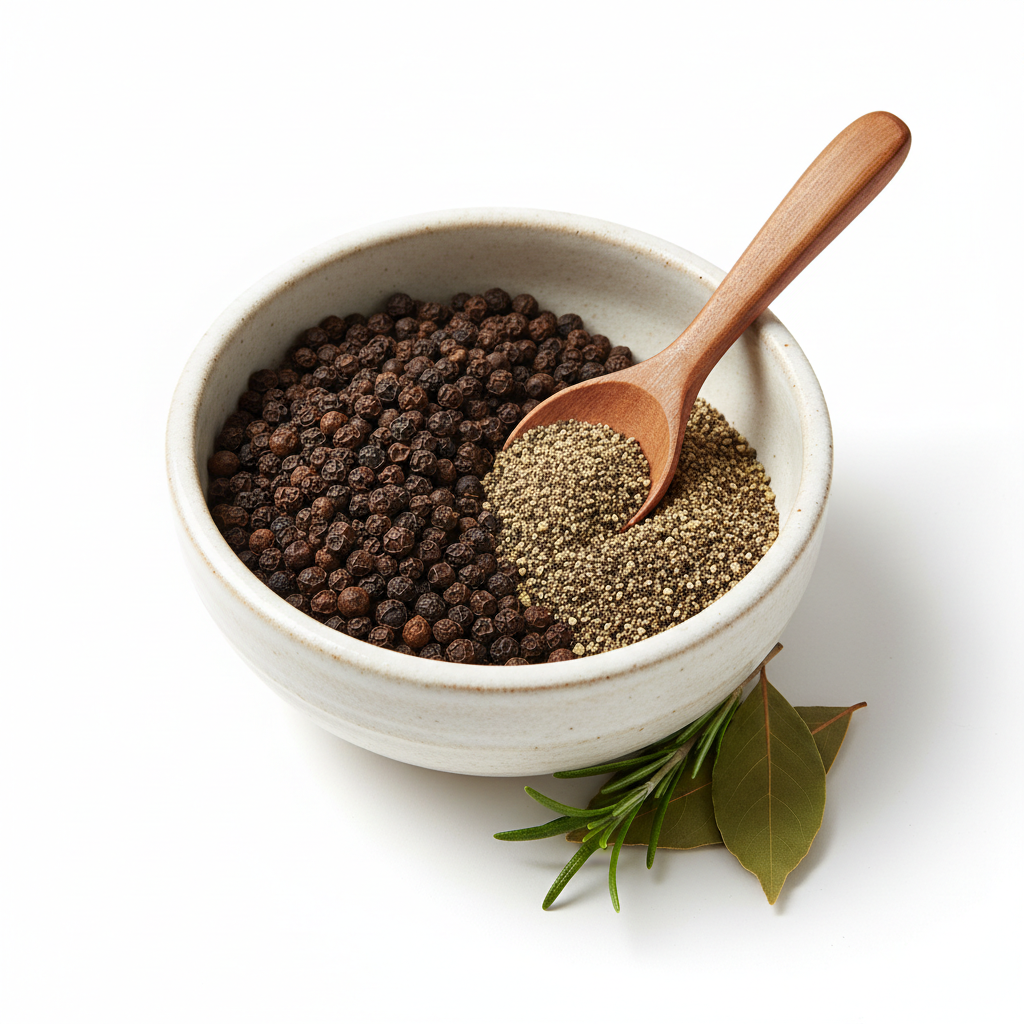 Black pepper whole and ground in bowl on white background