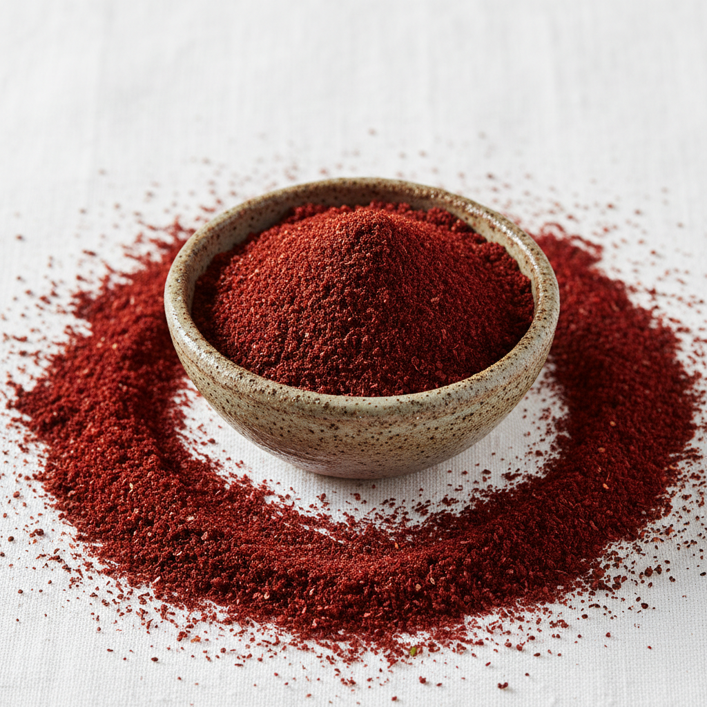 Sumac spice in bowl on white background