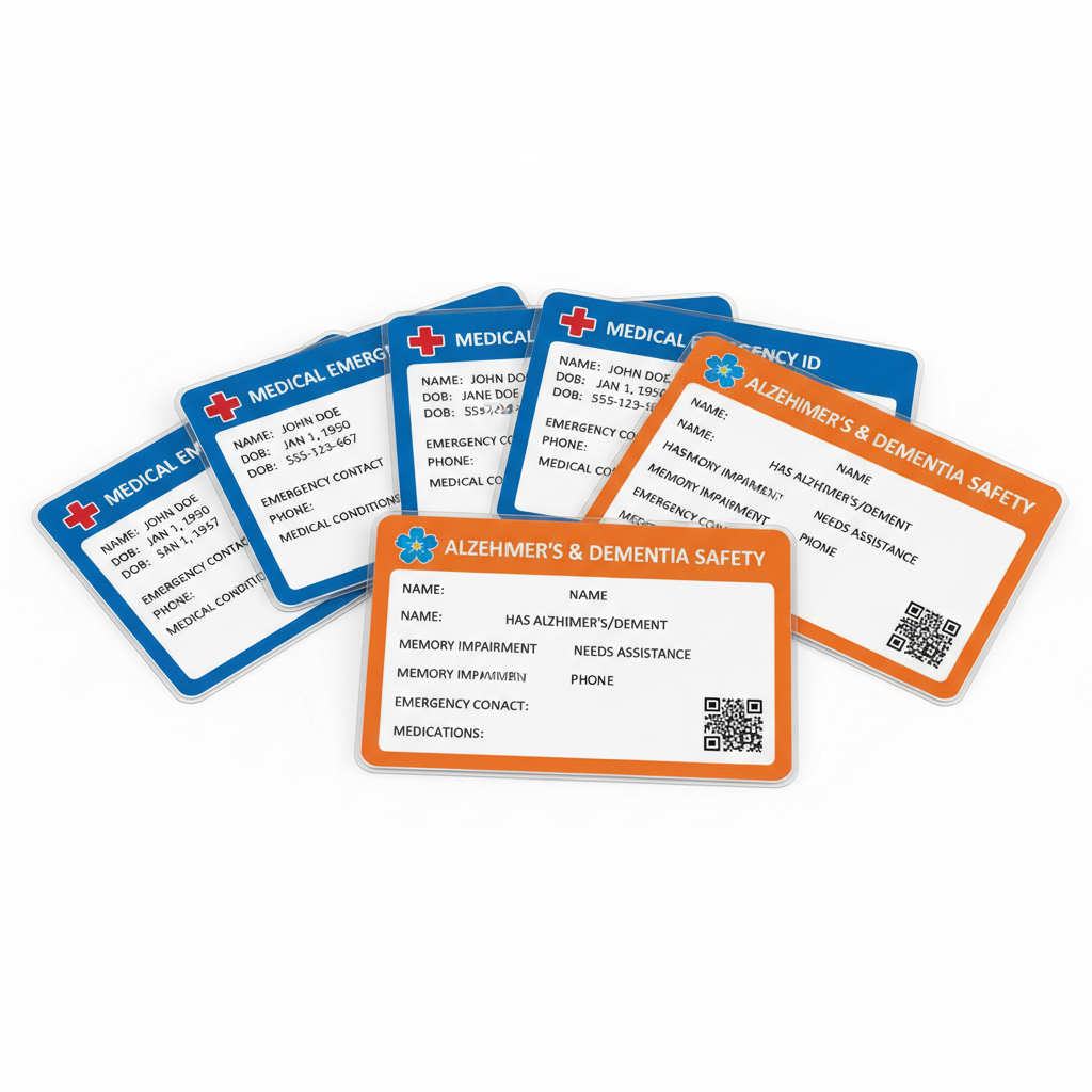 Emergency ID wallet cards with medical information for Alzheimer's patients