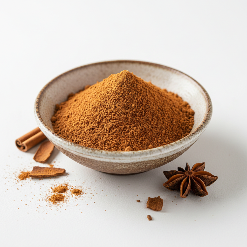 Cinnamon ground in bowl on white background