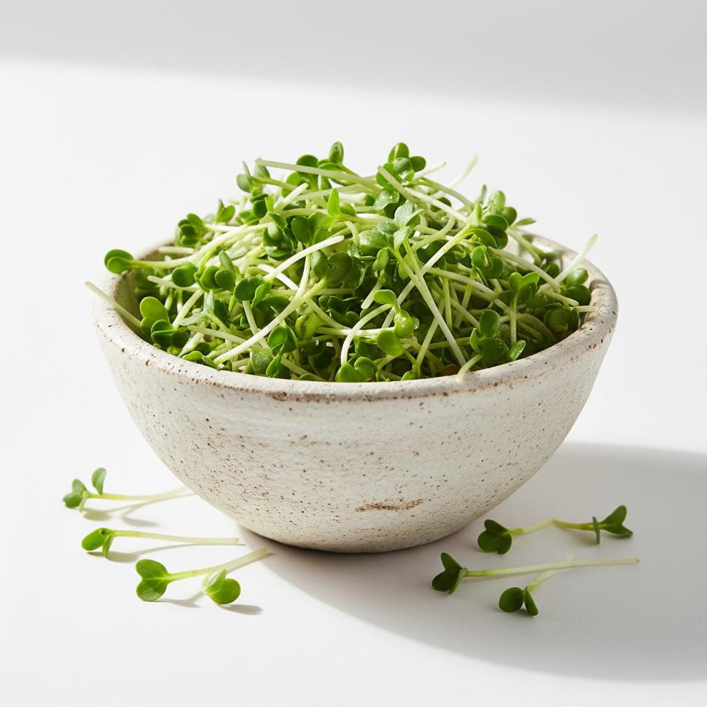 Fresh broccoli sprouts in bowl on white background