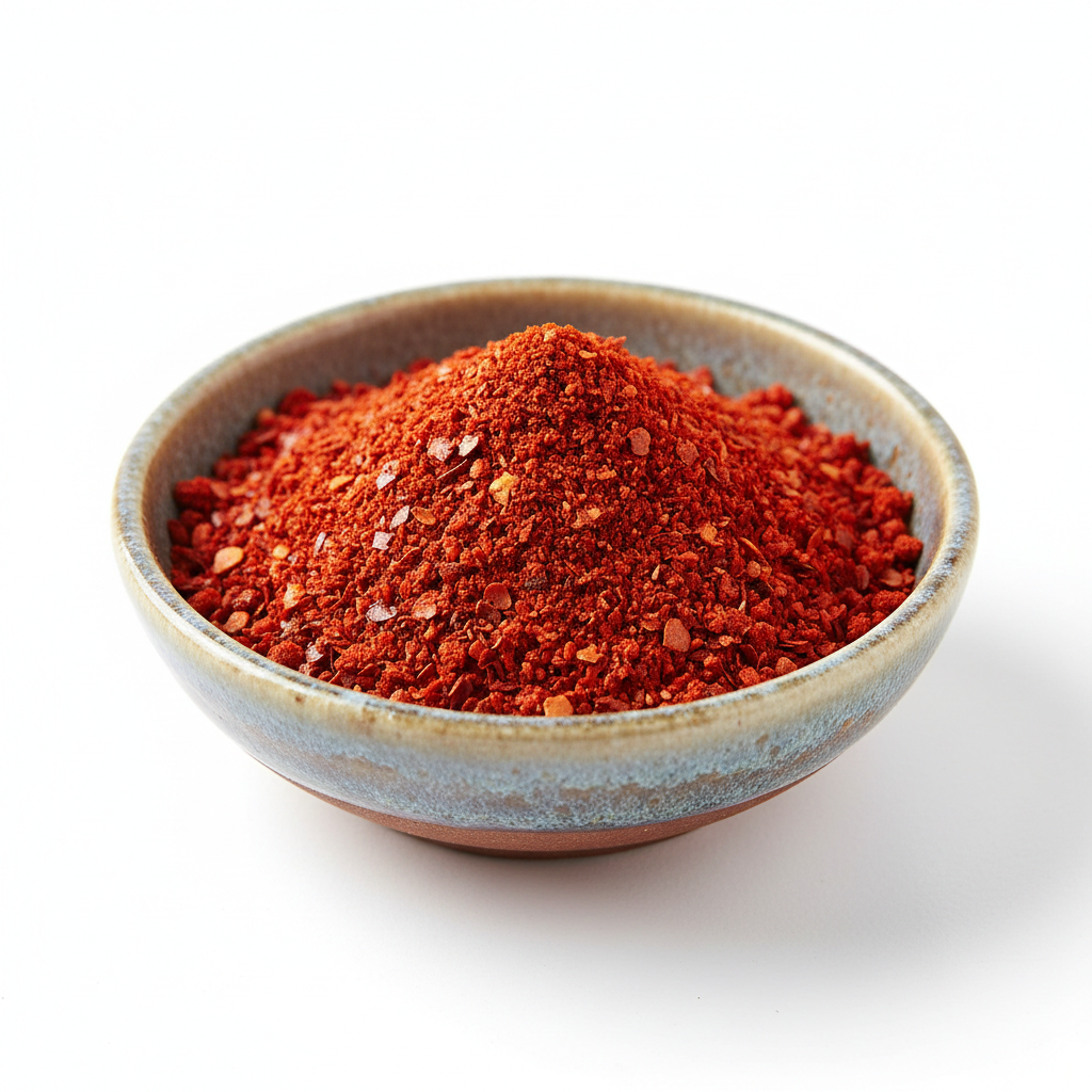 Red pepper flakes in bowl on white background
