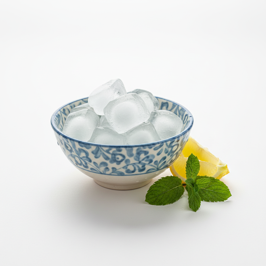 Ice cubes in bowl on white background