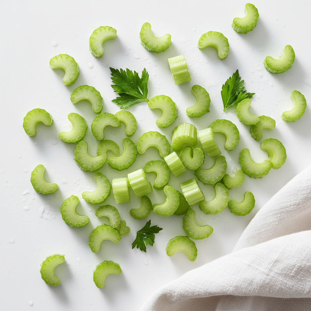 Fresh celery rib chopped on white background