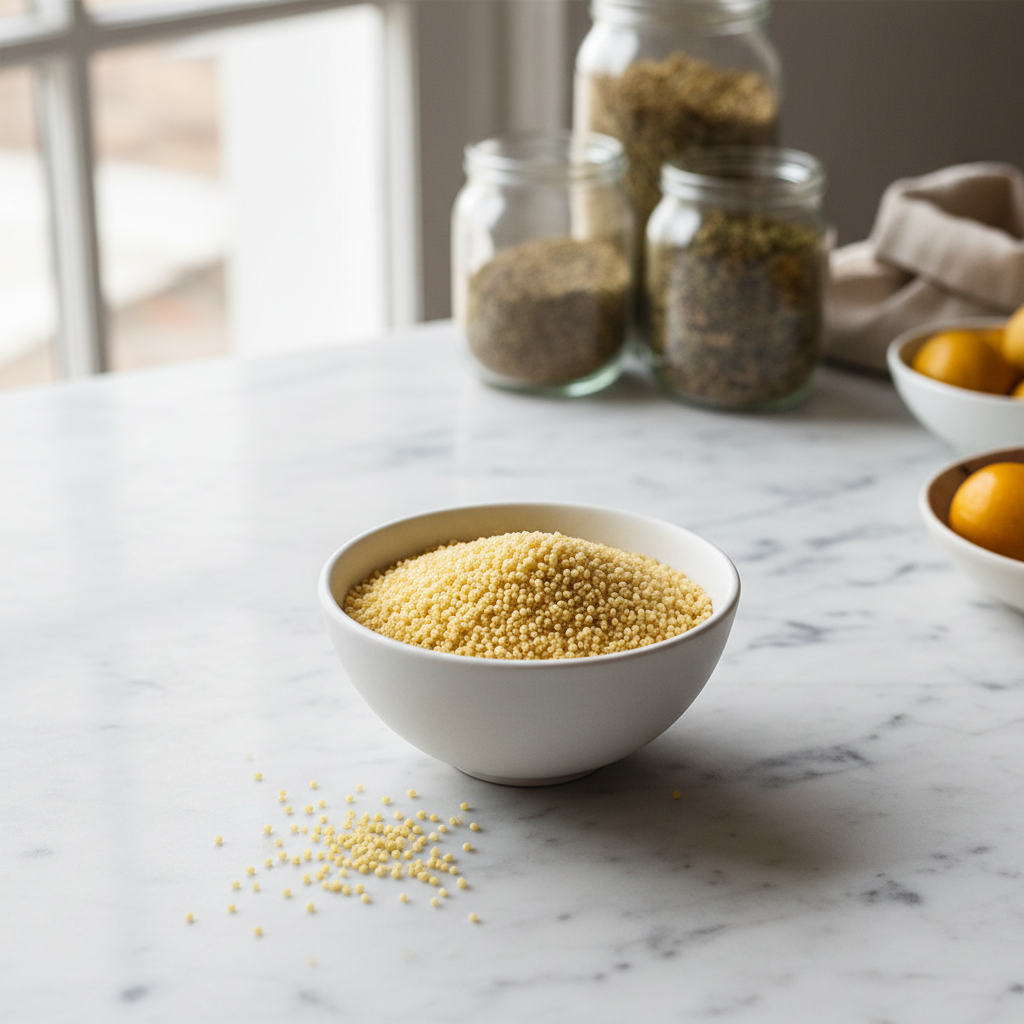 Couscous dry grains in a white ceramic bowl