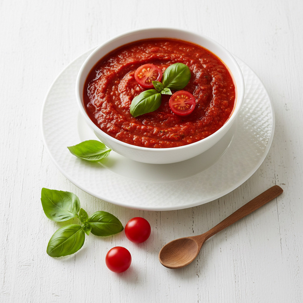 Marinara sauce in bowl with fresh basil on white background