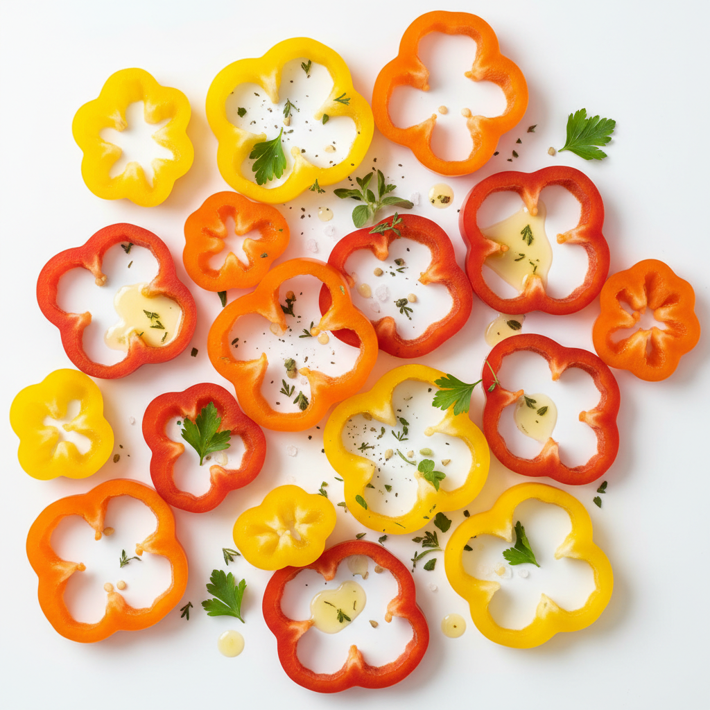 Orange red and yellow bell peppers sliced on white background
