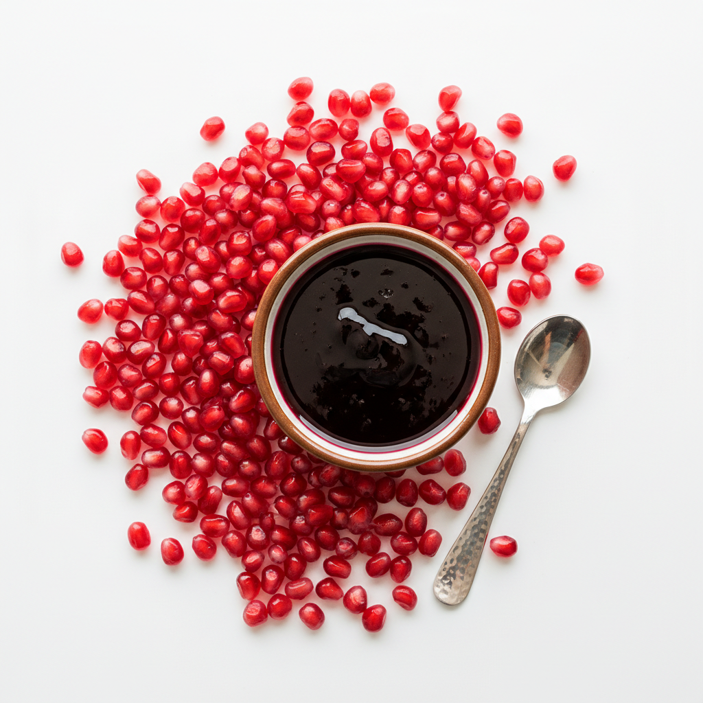 Pomegranate molasses in bowl with pomegranate seeds on white background