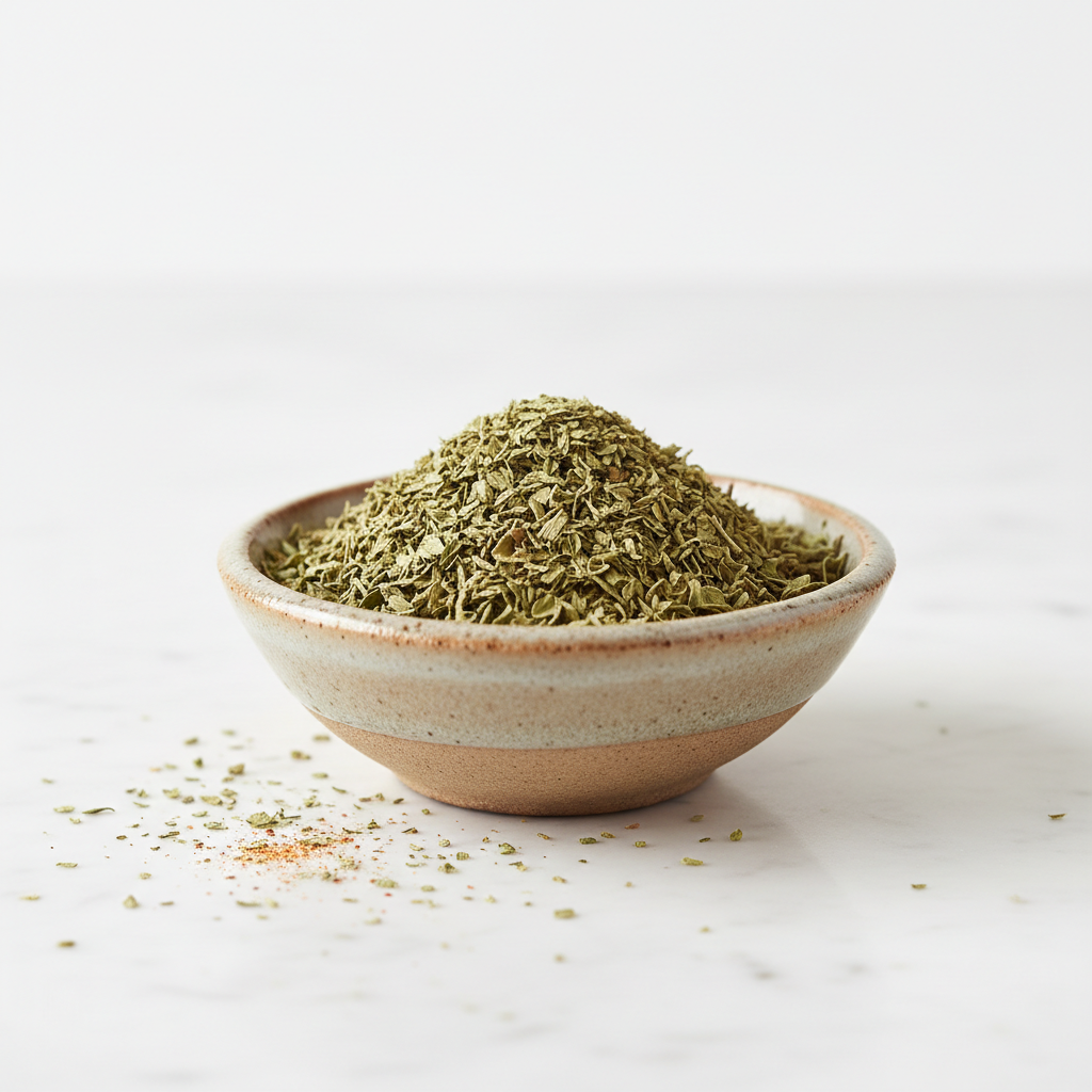 Dried oregano herb in bowl on white background