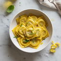 Cheese ravioli in a white ceramic bowl on marble surface