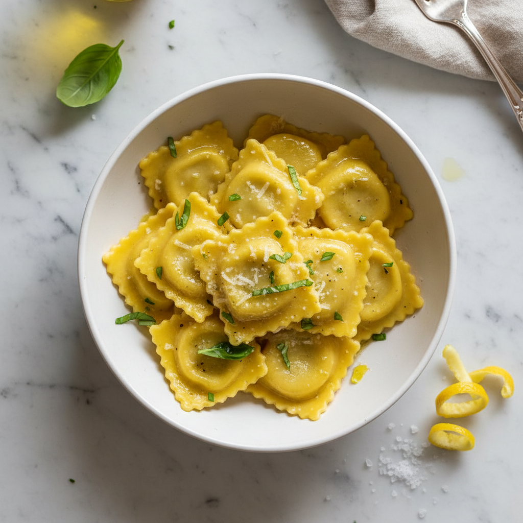 Cheese ravioli in a white ceramic bowl on marble surface