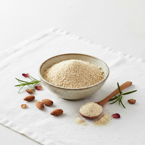 Almond meal powder in bowl on white background