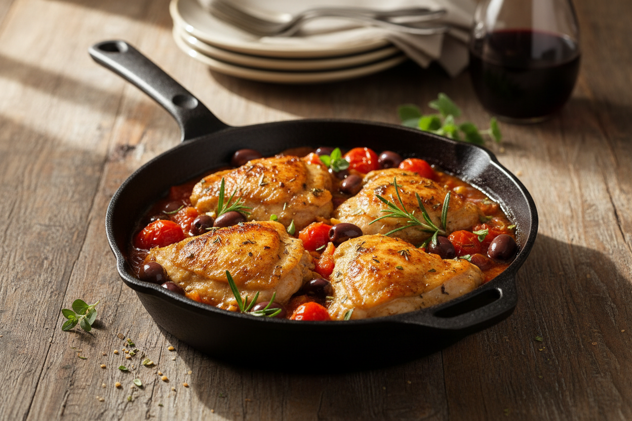 Mediterranean Chicken Thighs with Olives & Tomatoes