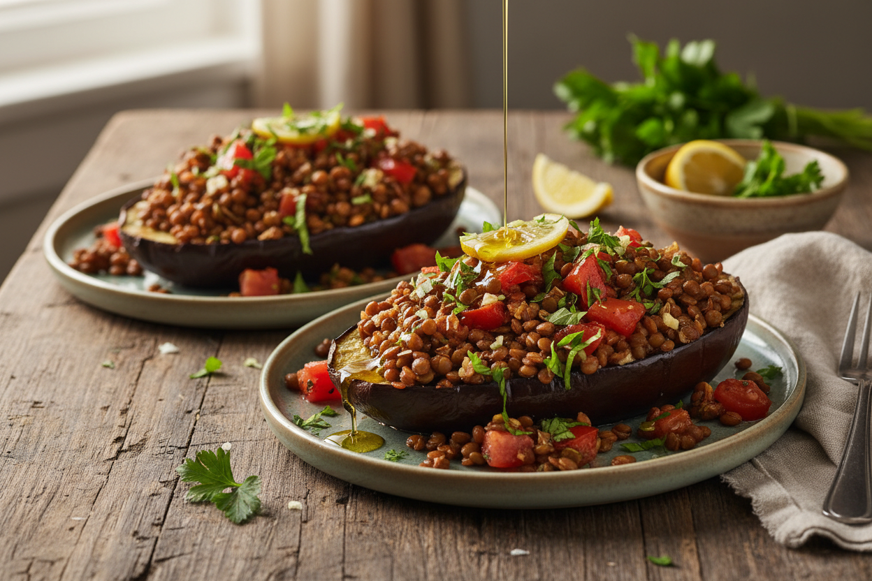 Mediterranean Stuffed Eggplant with Lentils & Herbs